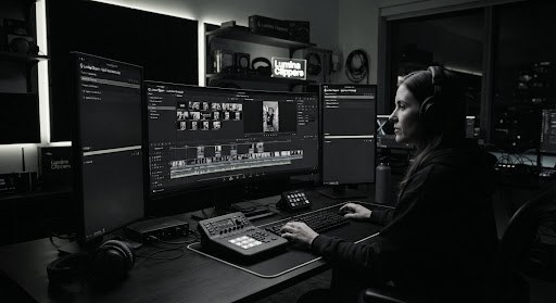 Lumina Clippers editing studio , a creator reviewing content on dual monitors