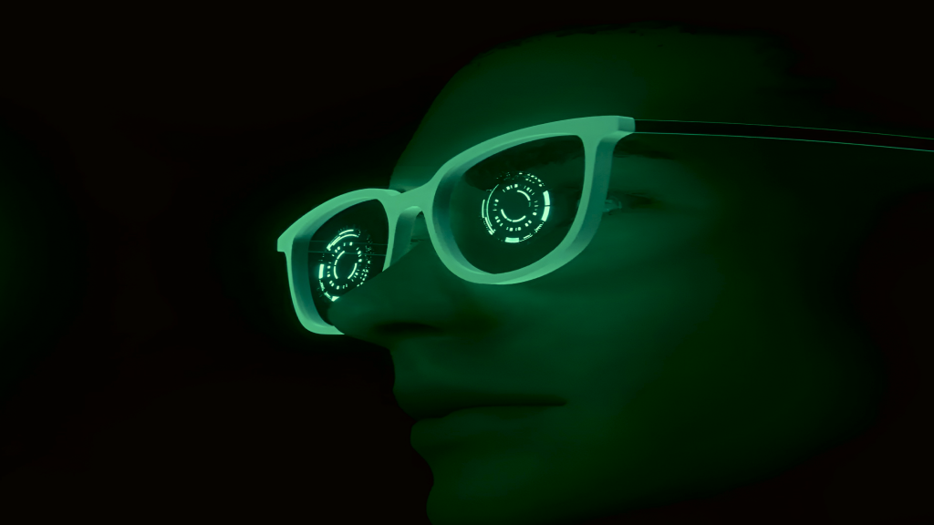 Creator wearing AR glasses reflecting analytics